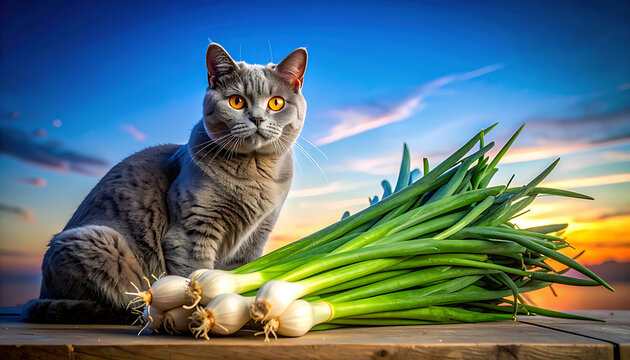 Domestic grey cat with bright orange eyes sitting next to a fresh bunch of green onions and bulbs on a wooden surface with a dramatic sunset sky backdrop