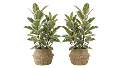 Fototapeta premium Two potted variegated rubber plants with green and white leaves in woven baskets isolated on transparent bakcground, PNG