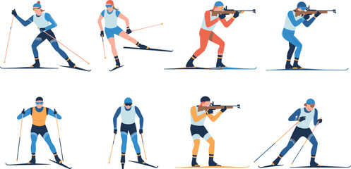 Fototapeta premium Biathlon athletes skiing and rifle shooting set illustrating winter sport competition training action and endurance performance concept