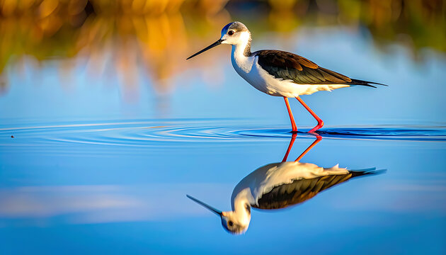 A black-winged stilt with vibrant orange legs stands in shallow blue water, its reflection mirrored below, surrounded by a soft, bokeh background of warm tones.