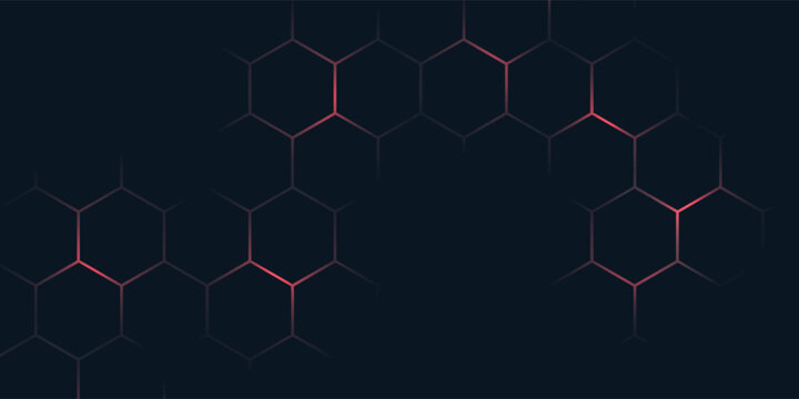 Dark hexagon pattern on red neon background. Modern geometric shapes technology style.eps10