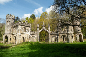 Fototapeta premium Abandoned gothic castle gatehouse stands amidst vibrant Irish forest, echoing forgotten grandeur and heritage, inviting cultural exploration and travel discovery.