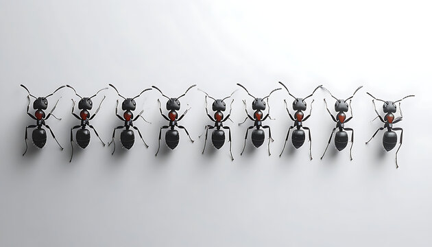 A line of nine ants marching in formation, their segmented bodies and antennae detailed, casting subtle shadows on a plain white surface, symbolizing teamwork and order