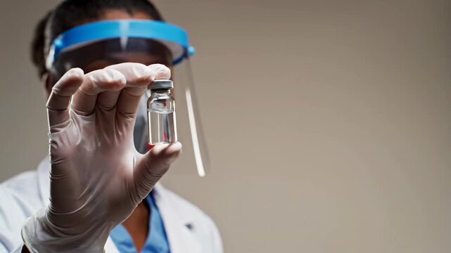 african american female doctor in face shield, mask and gloves holding glass vial with vaccine. medical research, science, healthcare, vaccination concept.