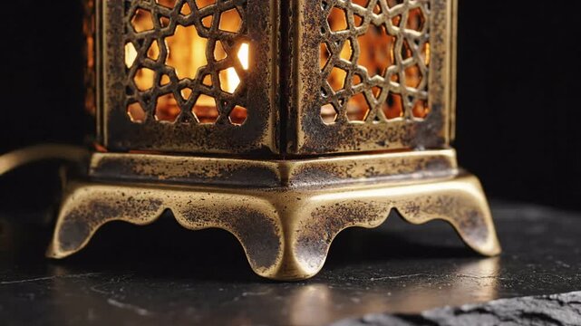 ornate metal lantern with glowing candle, intricate geometric patterns, warm ambient light, cultural decoration, suitable for Ramadan or festive celebrations