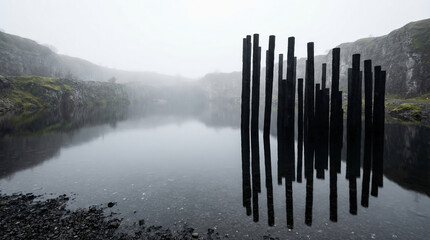Fototapeta premium Dark wooden pillars standing in a misty lake within a rocky quarry. Mysterious landscape featuring strange totem installation in deep water. Atmospheric scenery for gothic fantasy concept.