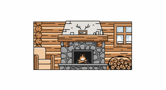 Cozy cabin interior with a stone fireplace, armchair, and snowy window