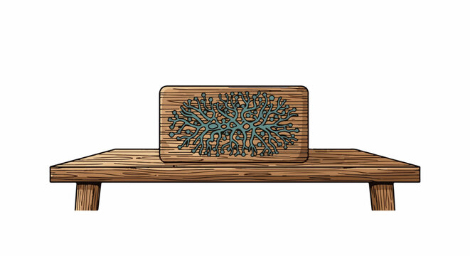 A wooden plank displaying a blue branching pattern resembling lichen or coral