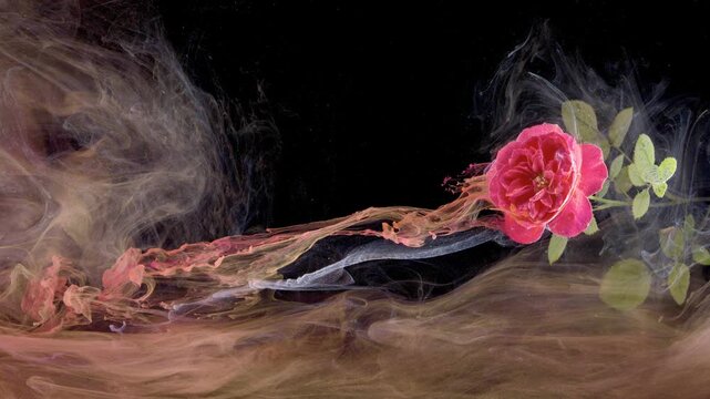 Pink rose drifting through ink smoke, black background, delicate green leaves trailing, ribbonlike pigment streams curling, slow motion fluid