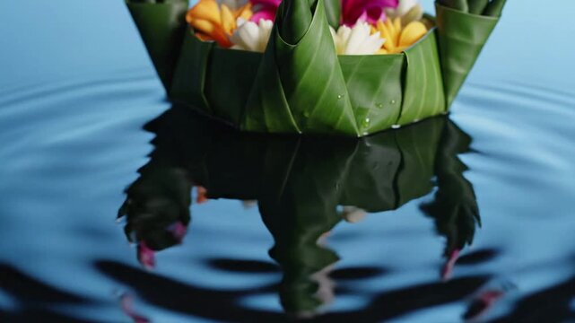 A krathong made from banana leaves and colorful flowers floats on water, reflecting beautifully, traditional Thai festival offering, serene atmosphere