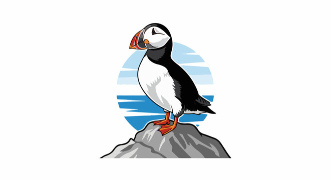 A stylized puffin stands proudly on a grey rock with a blue ocean and sky backdrop