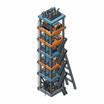 Isometric illustration of a multi-story industrial mining headframe with machinery and stairs.