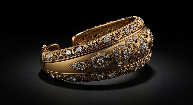 Ornate gold bracelet with diamonds set against a dark background