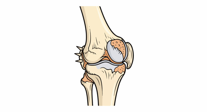 Detailed illustration of a damaged human knee joint showing bone spurs and degraded cartilage