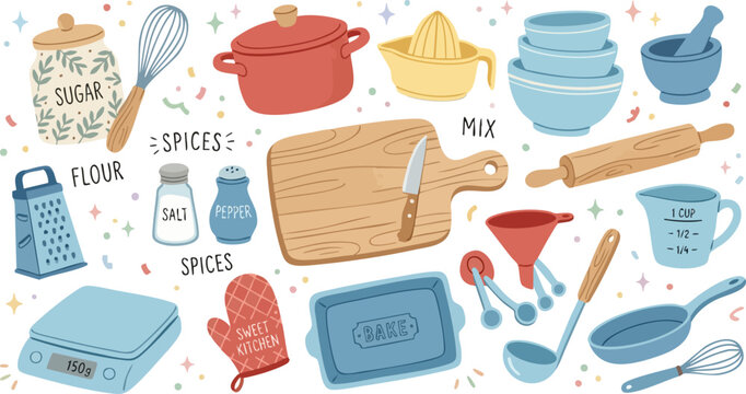 Hand drawn kitchen utensils and baking equipment set, rustic culinary tools vector collection, colorful cooking accessories for food blog and recipe design