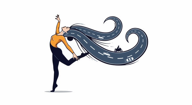 Artistic depiction of a dancer whose flowing hair transforms into a winding road with traffic