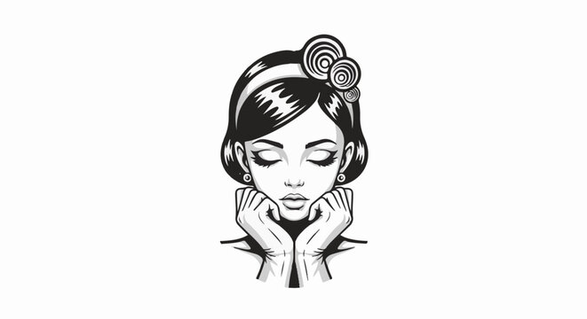 A vintage-style portrait of a woman with eyes closed and hands on her chin