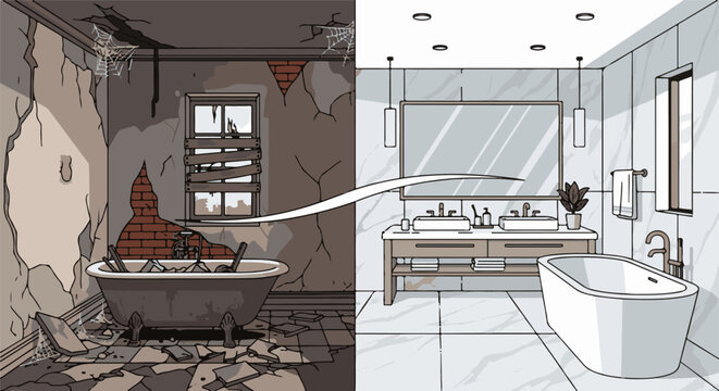 A visual comparison between a derelict bathroom and a modern, renovated one