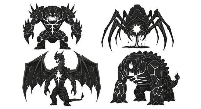 Dark Fantasy Monsters: Dragon, Spider, Golem, and Beast - Pixel Art Collection