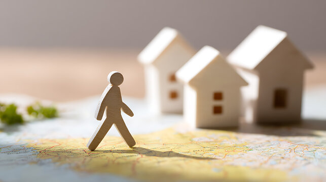 Minimalist wooden figure walks across a map towards small model houses, symbolizing journey, relocation, or finding a new home or community