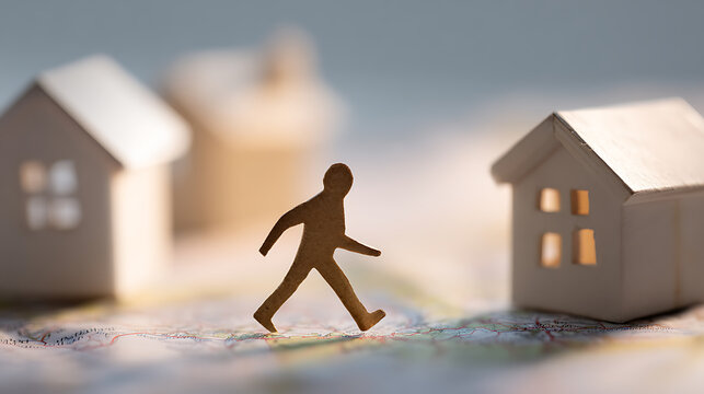 Miniature wooden figure walk on a textured map surface towards a small house, symbolizing concepts of journey, relocation, and destination