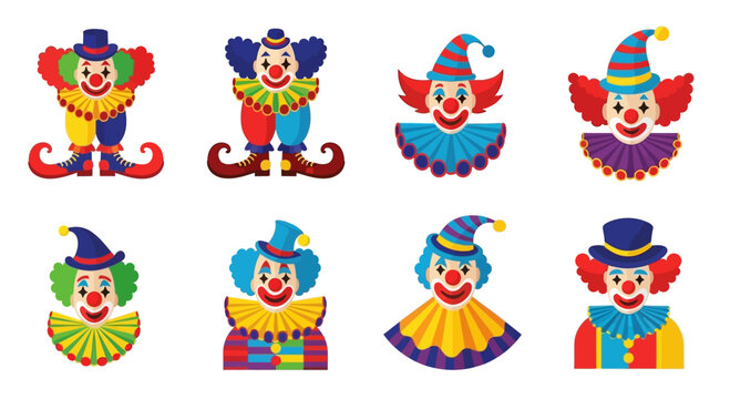 Set of colorful cartoon clowns, circus performers with funny costumes and makeup, isolated on white background.