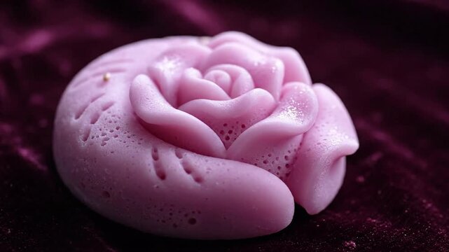 Delicate pink rose carved from soap or wax, intricate petal details, resting on rich burgundy velvet fabric, soft lighting