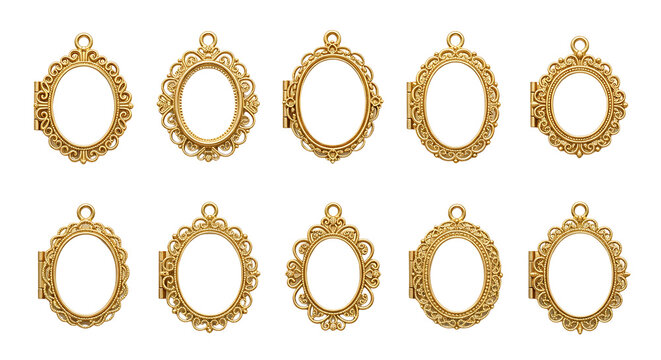 Collection of ten ornate oval and round golden lockets with intricate filigree designs, isolated on transparent bakcground, PNG