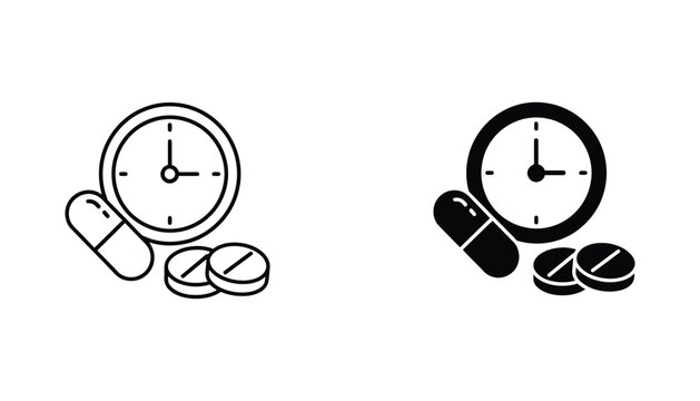 Medication and time management icon set with clock and pills in outline and solid styles