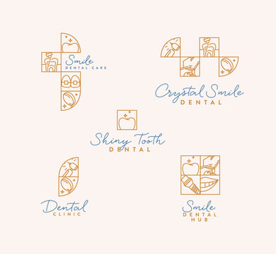 Dental labels collection with teeth, dentist equipment and text inscriptions drawing in linear quadristic style on beige background
