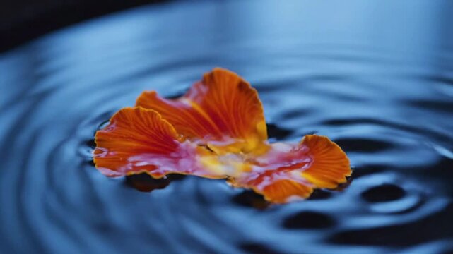 Delicate orange flower petal floating on dark blue water surface with gentle ripples, splash of water in motion