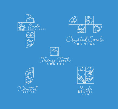 Dental labels collection with teeth, dentist equipment and text inscriptions drawing in linear quadristic style with white on blue background