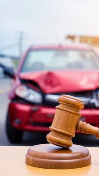 Car accident legal concept with judge gavel in front of damaged vehicle, liability determination, insurance claim dispute and personal injury case, traffic law responsibility and compensation process 