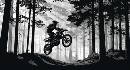 Mountain Biker Jumping Over Forest Terrain Adventure. © wiwit
