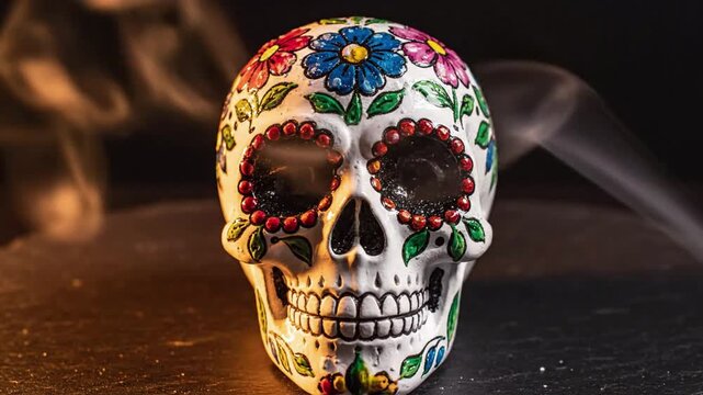 Day of the Dead sugar skull, dia de los muertos, decorated with colorful floral patterns and painted details, with smoke wisps, traditional Mexican folk art