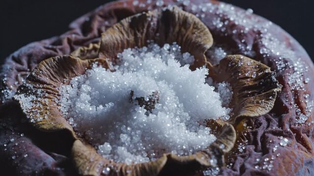 Closeup macro shot of crystallized sugar or salt heaped in the center of a dried, wrinkled fruit peel, textured with intricate details