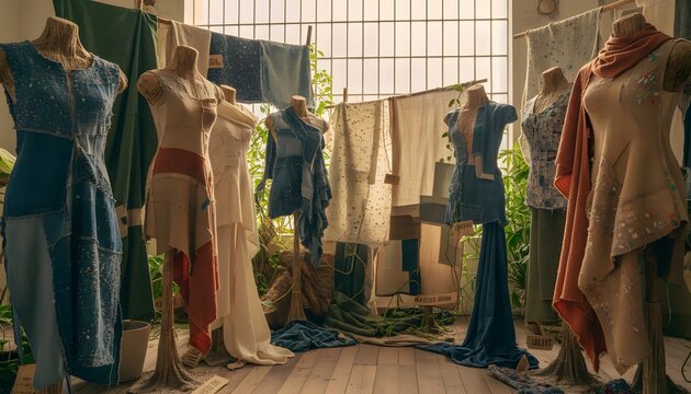 Sustainable handmade fashion displayed on mannequins in a natural  ic studio setting