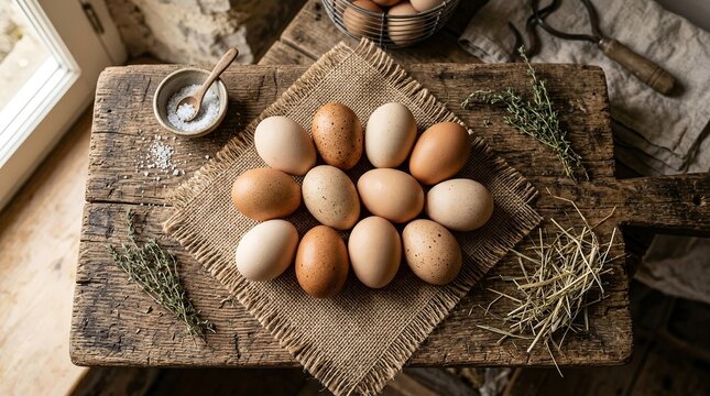 Assorted chicken eggs on rustic wooden table with salt, herbs and kitchen tools