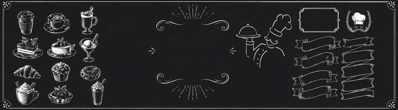 Vintage elegant chalkboard caf&eacute; menu background. Hand drawn coffee and dessert elements