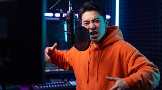 Asian man blogger performing expressive voiceover into studio microphone. Emotional podcast host shouting during live recording in interior. Professional sound production and broadcasting media.