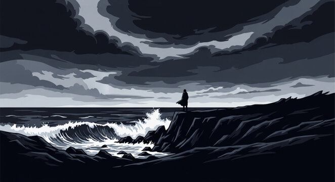 Solitary Sailor Standing on Rocky Shore Under Stormy Sky.