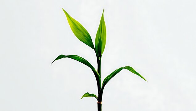 A single green bamboo sprout with vibrant leaves against a clean white background.