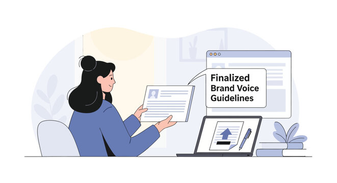 A professional woman reviewing finalized brand voice guidelines at her desk.