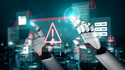 Fototapeta na wymiar A futuristic portrayal of robotic hands engaging with a digital interface, highlighting system warnings and cybersecurity alerts in a high-tech environment. A blend of art and technology. Cyphers