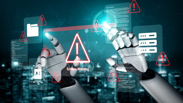 A futuristic portrayal of robotic hands engaging with a digital interface, highlighting system warnings and cybersecurity alerts in a high-tech environment. A blend of art and technology. Cyphers