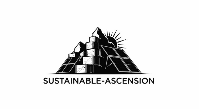 Solar panels ascend towards a mountain peak under a rising sun, symbolizing sustainable growth and energy.