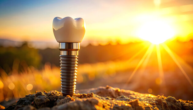 Dental implant with crown standing tall in a golden sunset landscape, symbolizing oral health and new beginnings