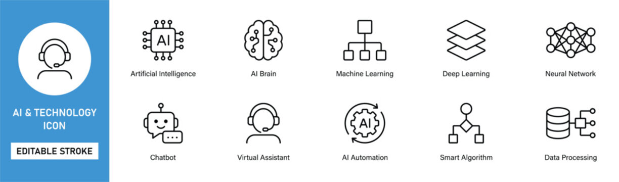 ai technology icon set line style artificial intelligence machine learning neural network editable stroke vector