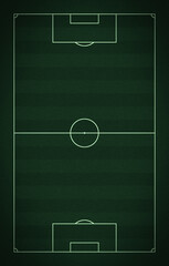 Top-down view of a minimalistic soccer pitch featuring bright green lines on a dark, textured background. Sports competition. © MDSakib