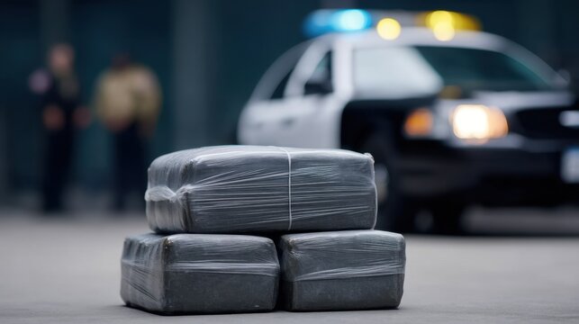 Dark gray packages in the foreground with a police car and officers in the background, symbolizing law enforcement and crime investigation scene
